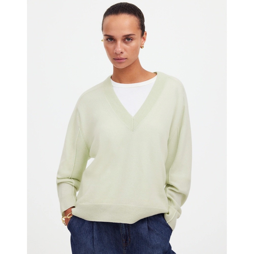 Madewell Cashmere V-Neck Sweater Heather Pale Green Soft Knit Pullover NWT